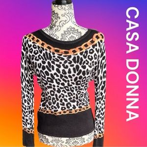 Casa Donna Black & White Leopard Chain-Trim Sweater